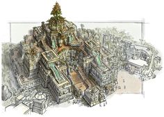 an architectural drawing of a building with trees on top