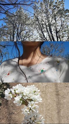 a woman's head is shown in the middle of two photos with trees behind her