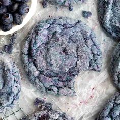 blueberry muffins with powdered sugar on top