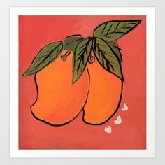 a painting of two oranges on a red background