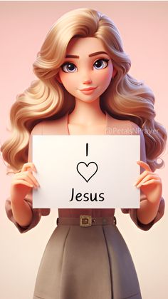 a cartoon girl holding up a sign that says i love jesus