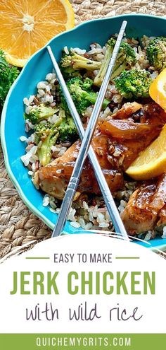 jerk chicken on top of rice  in a blue bowl with oranges Jerk Chicken Rice Bowl, Jamaican Spices, Jerk Chicken Rice, Easy Jerk Chicken Recipe, Jerk Chicken And Rice, Chicken Rice Bowl, Jamaican Jerk Seasoning, Lemon Butter Chicken, Chicken Rice Bowls