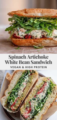 spinach artichoke white bean sandwich with vegan and high protein on the side