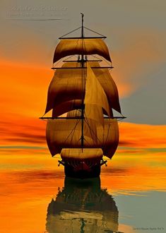 a sailboat floating on top of a body of water under a colorful sky with clouds