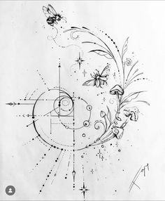 a black and white drawing of a flower with two bees flying over the top of it