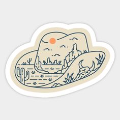 a sticker with an image of a desert scene and cactus trees in the background