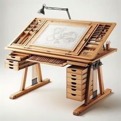 a wooden desk with drawers and a drawing board on it's top, sitting in front of a white background