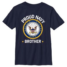 Show your love for the oldest and largest branch of the Armed Forces, The United States Navy, with officially licensed apparel for the whole family! This Boys' U.S. Navy Proud Brother Logo Graphic T-Shirt reads "Proud Navy Brother" in bold white lettering and the official United States Navy emblem printed across the front. Whether you've served or just want to show your support, grab some US Navy gear today and show your Navy pride in style! Navy Fan Apparel T-shirt With Team Name, Brother Logo, Blue Pre-shrunk T-shirt For Father's Day, Pre-shrunk Blue T-shirt For Father's Day, Father's Day Blue Pre-shrunk T-shirt, Navy Fan Apparel T-shirt For Sports, Collegiate Navy T-shirt With Graphic Print, Us Navy Shirts, Navy Emblem