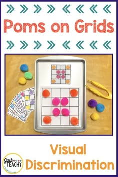 a board game with the words poms on grids in front of it and some candy