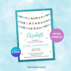 a birthday party card with the words, happy birthday elizabeth on it and a string of beads