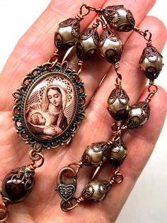 Catholic Tenner, Rosary, Copper, Pearl & Garnet, Holy Rosary, Prayer Beads, Free Shipping, Mary with Child Image Center, Heirloom Rossary Handmade Bronze Rosary As A Gift, Holy Rosary Prayer, Antique Handmade Rosary As Gift, Handmade Spiritual Bronze Rosary, Rosary Prayers Catholic, Handmade Bronze Spiritual Rosary, Traditional Brown Rosary With Round Beads, Garnet Rosary, Brown Beaded Spiritual Rosary