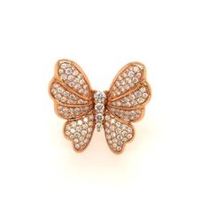 18k rose gold diamond butterfly ring with round brilliant cut diamonds weighing 1.53 carats total of F color, VS2 clarity. This item is currently out of stock. Please allow 4-6 weeks for delivery. Please note this item is a special order and non-refundable. Luxury Diamond Butterfly Ring, Elegant Rose Gold Diamond Butterfly Ring, Formal Rose Gold Diamond Butterfly Ring, Diamond Butterfly Ring, Diamond Butterfly, Butterfly Ring, Rose Gold Diamonds, Round Brilliant Cut Diamond, Brilliant Cut Diamond