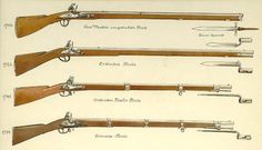 four different types of shotguns with their names in english and french, from the 19th century to the present day