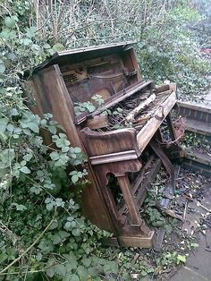 an old piano sitting in the middle of some weeds and trees with it's top broken