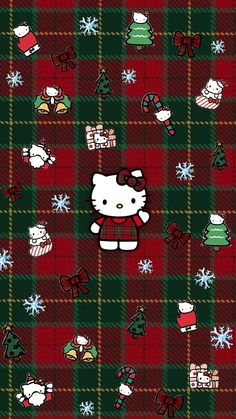 an image of a hello kitty pattern on a red and green tartan plaid background