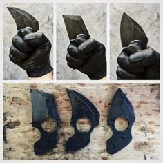 four pictures of different types of scissors being held up by hands with black leather gloves on them