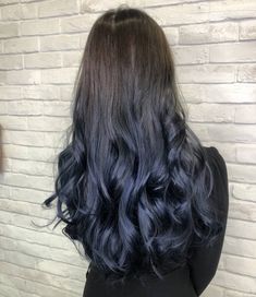 Blue Ombre On Black Hair, Brown To Blue Ombre Hair, Black Blue Ombre Hair, Indigo Ombre Hair, Midnight Blue Hair Ombre, Colored Hair Ends, Dip Dye Hair Brunette, Dark Brown To Blue Ombre, Brown Hair Fade