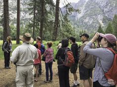 a group of people standing around each other in the woods looking at mountains and trees