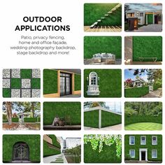 an advertisement for outdoor applicaions with green grass and wooden steps, windows, benches, and more