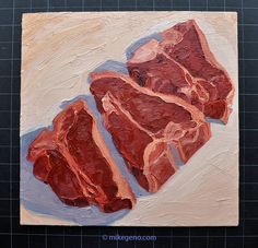 a painting of raw meat on a cutting board