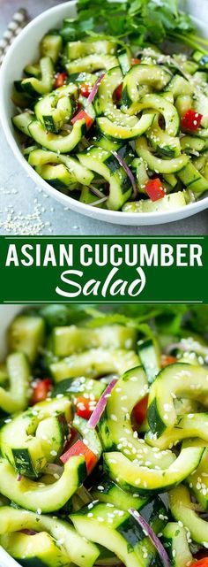 cucumber salad in a white bowl with the title above it