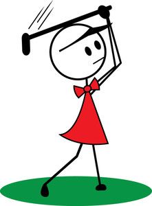 a stick figure with a red dress and bow tie swinging a golf club at the ball