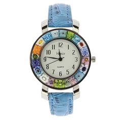 A unique timepiece for every season and mood, this Murano Glass watch will remind you of Venice every minute of every day. With beautiful colors splattered around the dial on the handcrafted Millefiori bezel, this wonderful watch showcases the time-honored Murano glass-making tradition and classic Italian style that never goes out of fashion. Measurements: The dial of this Murano glass watch measures 1 inch in diameter. The entire case measures 1-3/8 inches in diameter. The watch features silver Classic Italian Style, Black Numbers, Murano Glass Jewelry, Blue Watches, Christmas Figurines, Elegant Accessories, Women Wrist Watch, White Dial, Venice Italy