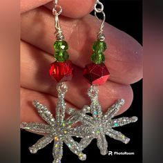 These Are My Favorite Holiday Earrings. They Are Lightweight But The Sparkle Is Striking. .925 Sterling Silver Shepherd Hook Ear Wires, 7 Mm Red Ab And 4 Mm Green Crystals . The Snowflake Is Acrylic And Covered In Silver Glitter. Artisan Jewelry By Shar All My Jewelry Comes To You In Either A Drawstring Pouch Or Box For Gift Giving Or Yourself.