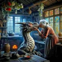 an old woman kissing a dragon statue in front of a window