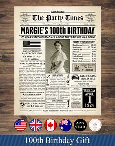 an old newspaper with the words margie's 100th birthday on it and flags