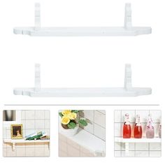 three white shelves with flowers and bottles on them in front of tiled walls, along with photos of bathroom items