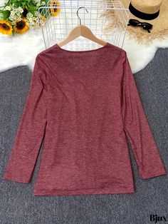 Bjux - Womens Surplice Neck Button Decor T-Shirt: Stylish Casual Long Sleeve Top for Spring & Fall Fashion Stretch Crew Neck Top With Buttons, Crew Neck T-shirt With Buttons For Fall, Fall Crew Neck T-shirt With Buttons, Red Crew Neck Top With Buttons, Button Decor, Long Sleeve Tops Casual, Fall Fashion, Long Sleeve Top, Knit Fabric