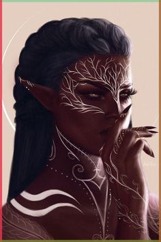 Hide sweet one, the gods are stalking the world and they can hear your every breath Forest Dragon Aesthetic, Vallaslin Dragon Age, Drow Elf Makeup, Black Elf Aesthetic, Dark Skinned Elf, Elves Drawing, Dark Elf Costume, Dark Elf Aesthetic, Dark Elf Makeup