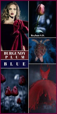 a series of photoshopped images with red flowers and blue text that reads, burgundy plum blue