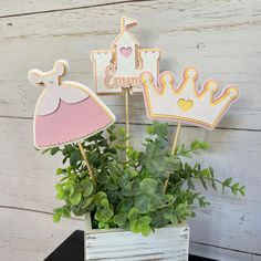 a potted plant with some cake toppers on it