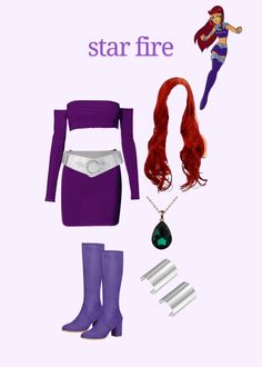 the costume is purple and has red hair