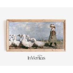 a painting of a girl walking with geese in front of her and the words inverilas written below it