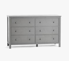 a gray dresser with six drawers and two doors on each side, in front of a white background