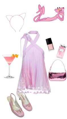 a woman's pink outfit and accessories including shoes, handbag, purse, hat, sunglasses