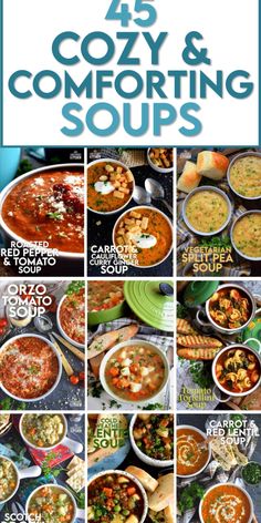 various soups and stews are featured in the cover of this cookbook