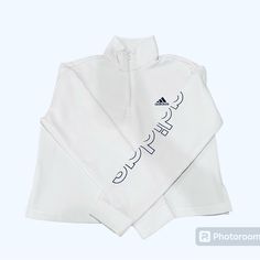 Nwt Excellent Condition. Length (Shoulder To Bottom): 20.5” Chest (Pit To Pit): 20” Sleeve Length: 22” Women’s Medium But Could Also Fit An Older Child/Teen. White Stretch Sweatshirt With Letter Print, White Stretch Sporty Sweatshirt, White Fitted Sweatshirt Athleisure, White Fitted Sweatshirt For Athleisure, White Fitted Athleisure Sweatshirt, White Adidas Sweatshirt With Letter Print, Adidas White Sweatshirt With Letter Print, Adidas White Sports Top, Adidas White Sweatshirt With Graphic Print