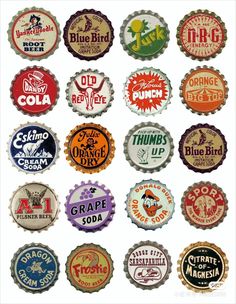 many different types of soda bottle caps are shown in this image, including one with the word