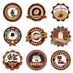 coffee badges, emblems and stickers with the image of different types of coffee