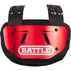 the battle helmet is red and black with white lettering on it's side,