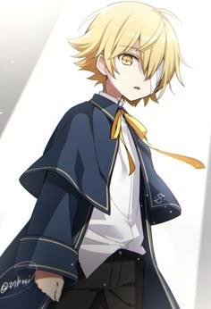 an anime character with blonde hair wearing a blue coat and yellow tie, standing in front of a white background