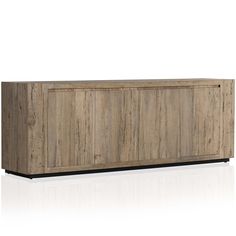 the sideboard is made out of wood and has black metal trimmings on it