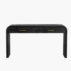 a black console table with two drawers on one side and gold handles on the other