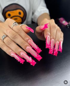 Pink And Silver Birthday Nails, Hot Pink Long Nails, Silver Birthday Nails, Hot Pink Birthday Nails, Pink Birthday Nails, Pink Long Nails, Hot Pink Birthday, Silver Birthday