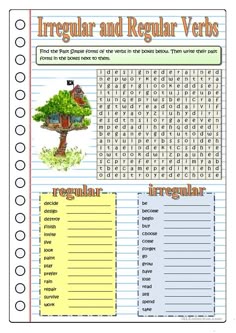 the irregular and regular verbs worksheet is shown in this image, it has been