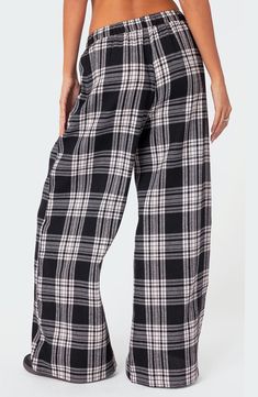 Lounging at home has never looked as good as it does in classic plaid pants cut in a breezy wide-leg silhouette with a comfortable drawstring waistband. Elastic/drawstring waist Front slant pockets 50% cotton, 50% polyester Machine wash, line dry Imported Plaid Wide Leg Pants, Visionary Fashion, Wide Leg Sweatpants, Pants Wide Leg, Plaid Pants, Cute Tshirts, Patterned Fabric, Plaid Pattern, S Models